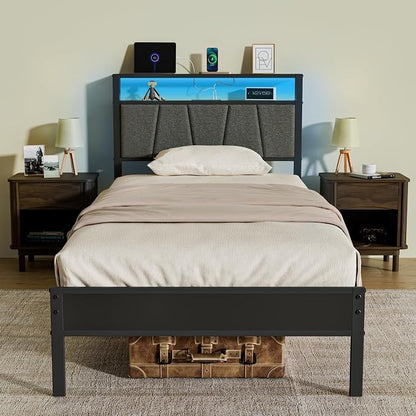 Z-hom 14 Inch Storage Headboard with Charging Station Twin Bed Frame,LED Bed w/Upholstered Headboard and Footboard, Metal Platform Bed w/ 2-Tier Shelves,Easy Assembly,No Box Spring Needed,Noise Free