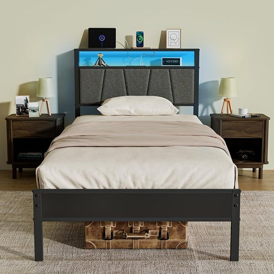 Z-hom 14 Inch Storage Headboard with Charging Station Twin Bed Frame,LED Bed w/Upholstered Headboard and Footboard, Metal Platform Bed w/ 2-Tier Shelves,Easy Assembly,No Box Spring Needed,Noise Free