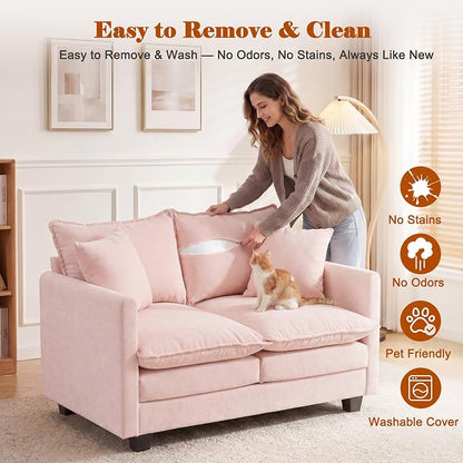 50'' Loveseat Sofa Cloud Sofa Couch, Modern Loveseats 2 Seat Couch 27" Deep Seat with 2 Pillows for Small Spaces Apartment Studio Office Bedroom Living Room, Pink