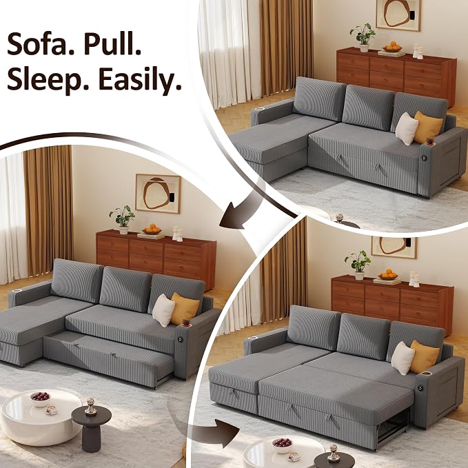 Ball & Cast 80" Sectional Sleeper Sofa Bed Pull Out Couches for Living Room | L Shaped Convertible Pull Out Sofa Bed with Storage Chaise, Foldable Table, USB Port, Cup Holder, Side Pocket for Small Space