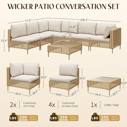LHBcraft Patio Furniture Set, Large 7 Piece Wicker Outdoor Sectional Furniture Set with Coffee Table, Patio Conversation Sets Sofa, Hand Knitting, All-Weather Cushions for Backyard, Porch, Beige