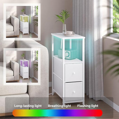 TUTOTAK Small Narrow LED End Table with Charging Station, Side Table Outlets, Nightstand with 2 Cloth Drawers, Couch Table, for Living Room, Bedroom, Bedside, White TB01BW085L