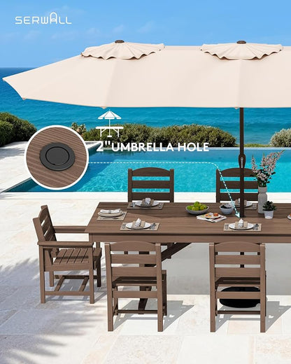 SERWALL 10 Piece 84" HDPE Outdoor Dining Set for 8 with 6 Armless Chair, 2 Armchairs and Umbrella, Brown