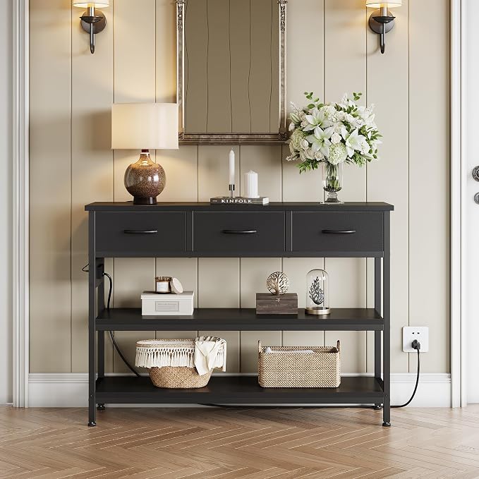 Lulive Entryway Table with Outlets, 3 Fabric Drawers, 43 in Console Table | 43.3"W x 11.8"D entry table with 2 outlets, 2 USB ports, swappable plug side, adjustable feet and anti-tip kit.