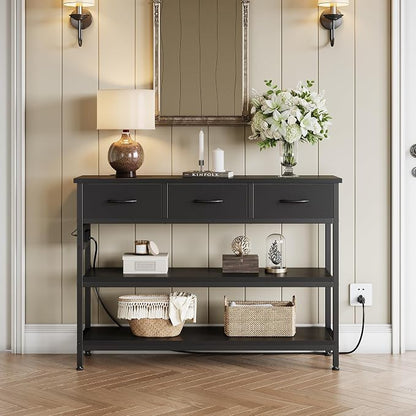 Lulive Entryway Table with Outlets, 3 Fabric Drawers, 43 in Console Table | 43.3"W x 11.8"D entry table with 2 outlets, 2 USB ports, swappable plug side, adjustable feet and anti-tip kit.