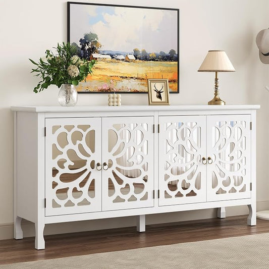 RoyalCraft 63'' Buffet Cabinet with Mirror Butterfly Carved Door, Sideboard Cabinet with Adjustable Shelves, Vintage Accent Credenza Media Console for Entryway, Kitchen, Satin White