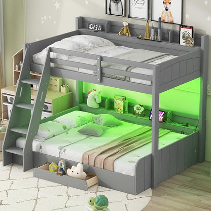 Wood Bunk Bed Twin Over Full Size with Built-in Storage Shelves and Charging Station, Versatile Bunk Bed Frame with Ladder and Guardrail for Kids Teens Adult, Maximize Space (Grey-5.6)