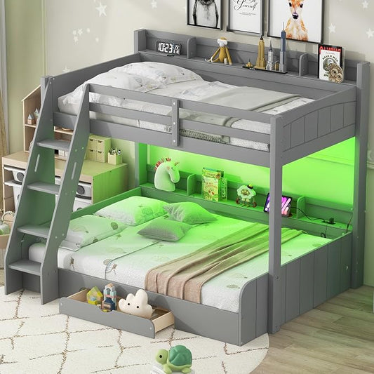 Wood Bunk Bed Twin Over Full Size with Built-in Storage Shelves and Charging Station, Versatile Bunk Bed Frame with Ladder and Guardrail for Kids Teens Adult, Maximize Space (Grey-5.6)