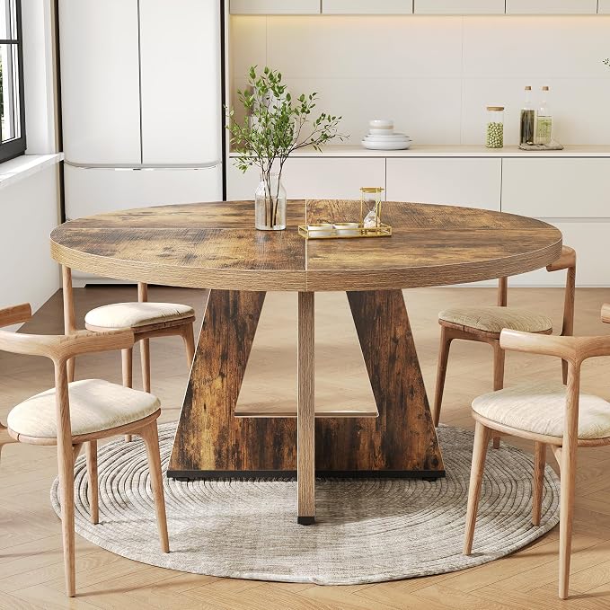LITTLE TREE Round Dining Table for 4-6 People, 47 Inches Dining Room Table with Wooden Pedestal Base, Circle Kitchen Tables for Dining Room, Kitchen, Living Room, Rustic Brown