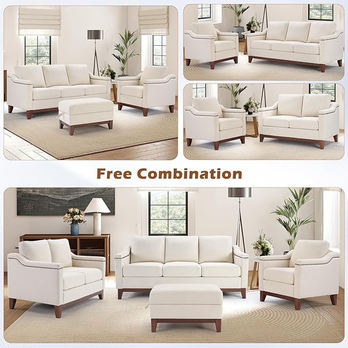 HAOMARKETS 3 Piece Fabric Sofa Set with Nailhead Trim, Included Fabric Accent Chair Set of 2 with Thicked Cushion, Upholstered Loveseat with Solid Wood Legs, Living Room Furniture Set,Beige