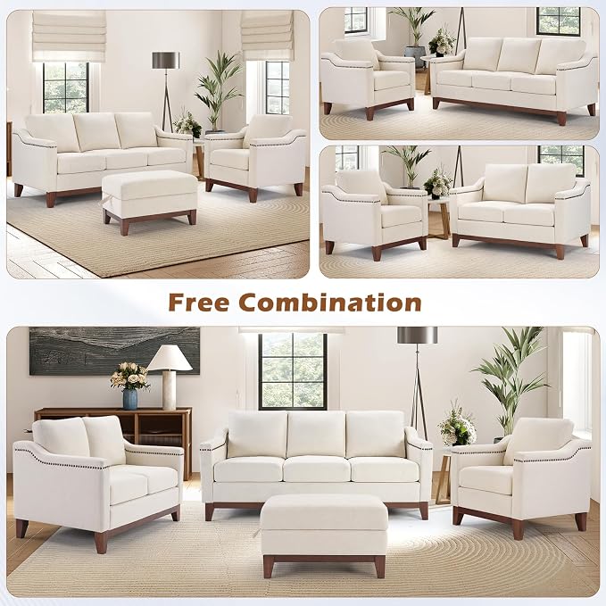 HAOMARKETS 2 Piece Fabric Sofa Set with Nailhead Trim, Included Fabric Accent Chair with Thicked Cushion, Upholstered Loveseat with Solid Wood Legs, Living Room Furniture Set,Beige