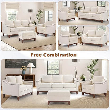 HAOMARKETS 2 Piece Fabric Sofa Set with Nailhead Trim, Included Fabric Accent Chair with Thicked Cushion, Upholstered Loveseat with Solid Wood Legs, Living Room Furniture Set,Beige