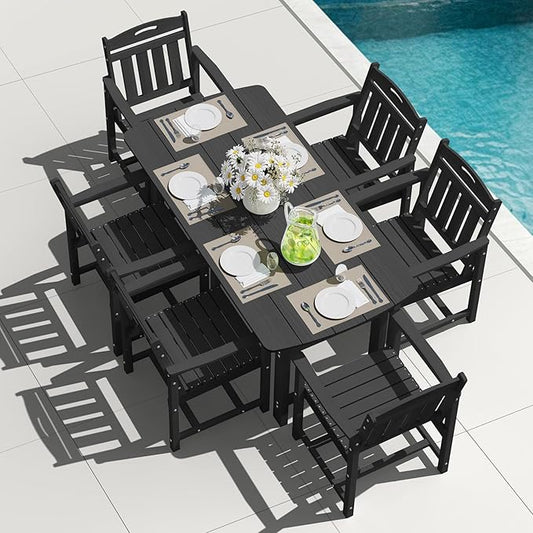 HDPE Outdoor Dining Set, Patio Table and Chairs Set, All-Weather 7-Piece Outside Table and 6 Chairs, 2" Umbrella Hole, Outdoor Furniture for Garden, Poolside, Backyard, Deck | Black