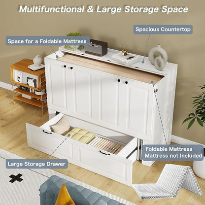 Full Murphy Bed Cabinet: White Cabinet Bed with Charging Station, Cube Murphy Beds with Drawers, Modern Hidden Beds for Small Spaces, Guest Room and Office