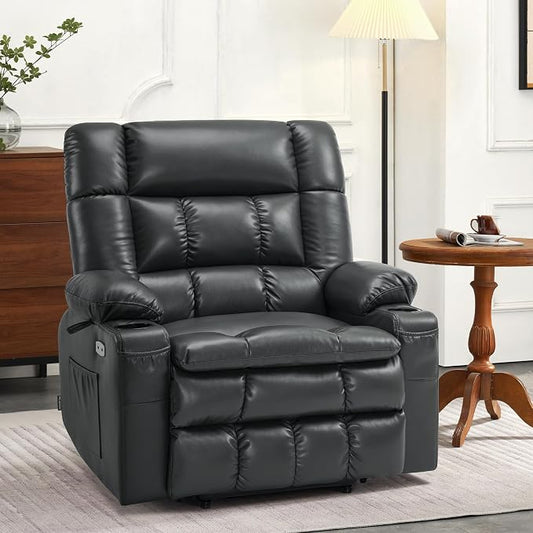 MCombo Small Dual Motor Power Lift Recliner Chair for Elderly, Zero Gravity Lift Chair with Heat and Massage, Lay Flat Recliner for Petite, USB Ports, Faux Leather R7894 (Black, Small-Wide)