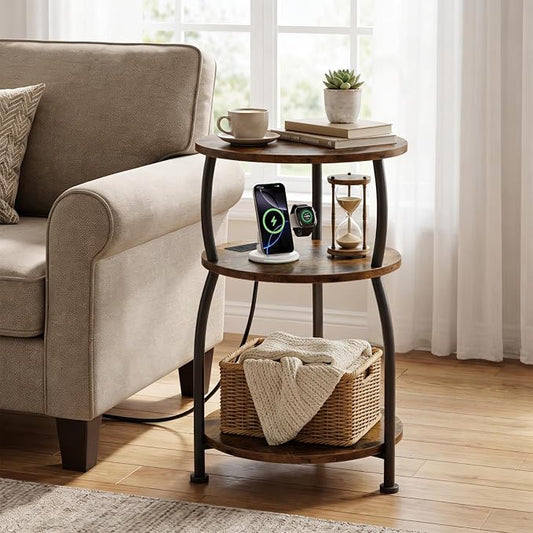 Round Side Table with Power Outlet & USB Ports, 3-Tier End Table with Storage Shelf, 15.7" Wide Nightstand for Small Spaces, Tall Bedside Table Capable of Charging Laptops & Phones, Rustic Brown