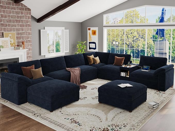 EASE MOOSE Oversized U Shape Sectional Sofa,Blue Deep Seat Modular Sofa