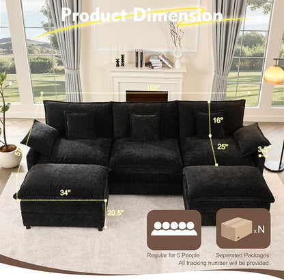 GOSUHI 108" U-Shaped Modular Cloud Couch, Deep Seat, Chenille Black | Cloud Comfort, Couches for Living Room, Removable & Machine-Washable Covers, Movable Ottoman, Modular Sectional Sofa