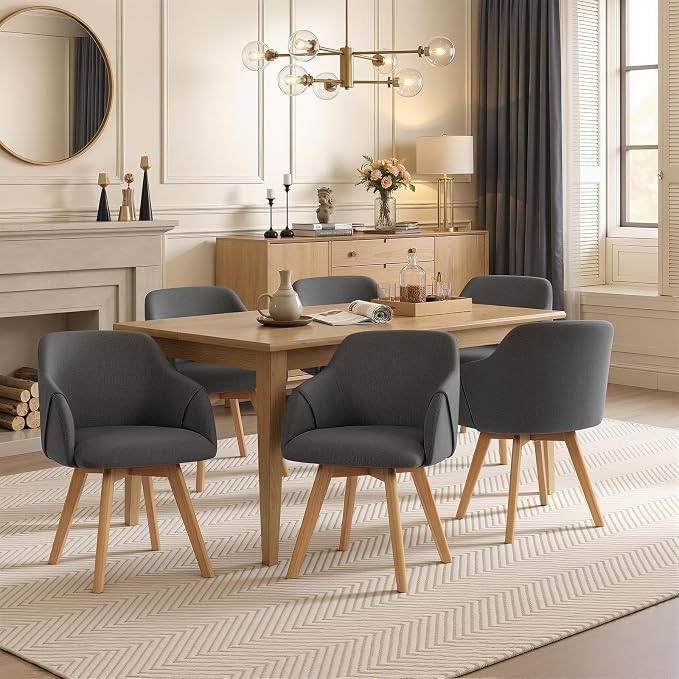 Swivel Dining Chairs Set of 6, Mid Century Modern Dining Chairs with Arms, Linen Fabric Upholstered Kitchen Dining Room Chairs with Solid Wood Legs for Living Room Grey