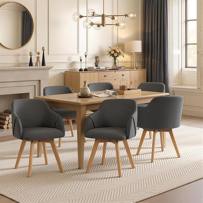 Swivel Dining Chairs Set of 6, Mid Century Modern Dining Chairs with Arms, Linen Fabric Upholstered Kitchen Dining Room Chairs with Solid Wood Legs for Living Room Grey