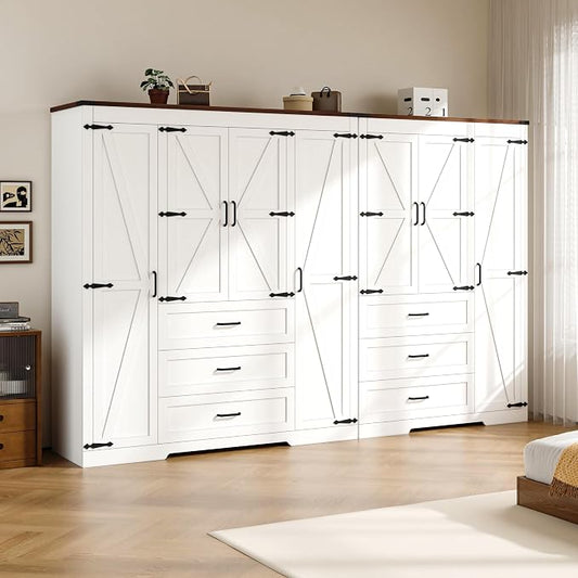 7 Door Armoire Wardrobe Closet Cabinet with 6 Drawers and Drawers, Farmhouse Bedroom Armoire with Hanging Rod and Adjustable Shelves, Large Capacity Storage Wardrobe Armoire for Bedroom, White
