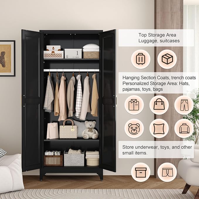 Metal Wardrobe Cabinets,Black Armoire Wardrobe Closet with Hanging Rod,Clothes Storage Cabinet with Adjustable Shelves and Doors,Clothing Cabinet for Bedroom, Office, Laundry Room