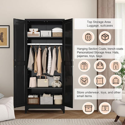 Metal Wardrobe Cabinets,Black Armoire Wardrobe Closet with Hanging Rod,Clothes Storage Cabinet with Adjustable Shelves and Doors,Clothing Cabinet for Bedroom, Office, Laundry Room