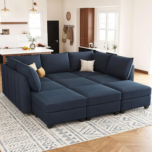 Belffin Modular Sectional Sofa Bed with Storage, 9-Seater Velvet Reversible Sleeper Couch for Living Room, Blue