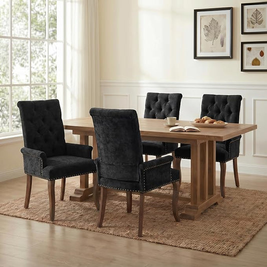 Upholstered Dining Chairs with Arms Set of 4, Black, 4 Pack | Tufted Chenille Kitchen Chairs with Arms, Modern Farmhouse Armchair with Nailhead Trim for Dining Room, Home Office