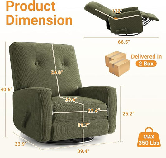 IDEALHOUSE Recliner Chair, 360° Swivel Rocking Glider Chair for Adults with Adjustable Backrest & Footrest, Cozy Corduroy Upholstered Armchair for Living Rooms, Bedrooms, Apartments, Green