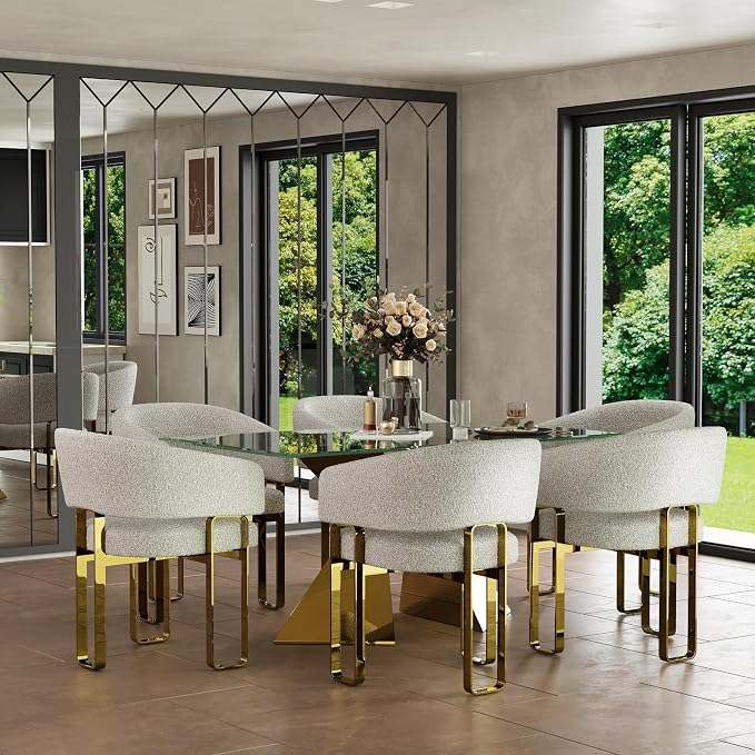 Dining Chairs with Arms Set of 2, Luxury Boucle Dining Chairs with U-Shaped Mirrored Gold Legs, Modern Barrel Chairs for Dining Table, Kitchen and Dining Room Restaurant Recepition