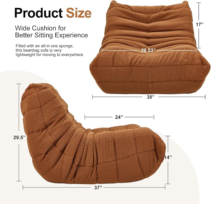Hobestluk Adults Bean Bag Chair Faux Fur BeanBag Couch for Living Room | Brown Teddy,Ergonomic Design,Memory Foam,UltraSoft,Anti-slip Bottom,No Assembly Required,Decorative Style for Living Room