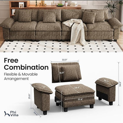 PHI VILLA Cloud Modular Couches Sets, 157.5" Sectional Sofa with Upholstered Deep Seat, 4-Seater Long Couches for Living Room Apartment, Chenille Grayish Brown