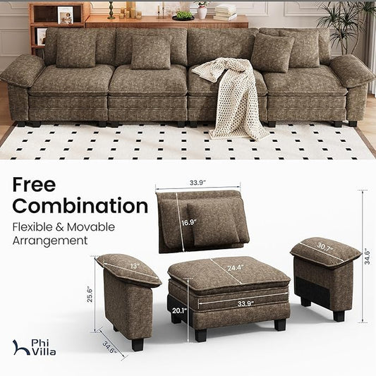 PHI VILLA Cloud Modular Couches Sets, 157.5" Sectional Sofa with Upholstered Deep Seat, 4-Seater Long Couches for Living Room Apartment, Chenille Grayish Brown