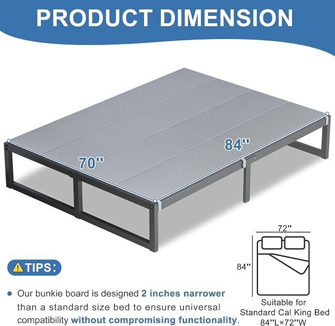 Lutown-Teen Bunkie Board California King Under Mattress High-Density Polymer Cal King Bunkie Board Anti-Sag, Breathable, Moisture Resistant, Noise Minimizing, Gray