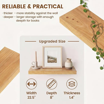 Venusmiles Elm Floating Shelves for Wall Decor, Rustic Solid Wood Shevles Wall Mounted with Invisible Bracket for Living Room Bathroom Bedroom Kitchen, 22.5 Inch Set of 2, Natural