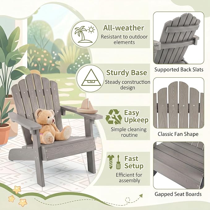 Giantex Kids Adirondack Chair, All-Weather HIPS Children's Outdoor Chair with Tilted High Backrest, Toddler Beach Chair for Garden Patio Backyard, Kids Lawn Chairs for Age 3-7 (1,Gray)