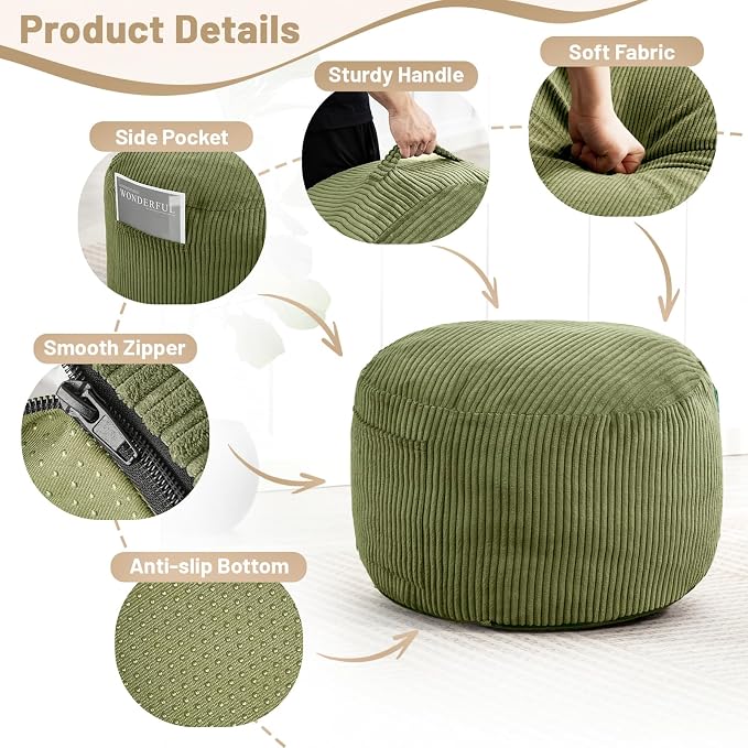 Round Stuffed Pouf Ottoman,Corduroy Foot Rest with Rebound Foam Filled, Furry and Fluffy Foot Stool Ottoman, Floor Poufs for Living Room (Green, 20" D x 20" W x 15" H)