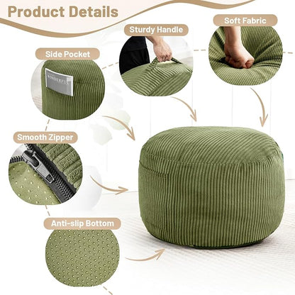 Round Stuffed Pouf Ottoman,Corduroy Foot Rest with Rebound Foam Filled, Furry and Fluffy Foot Stool Ottoman, Floor Poufs for Living Room (Green, 20" D x 20" W x 15" H)
