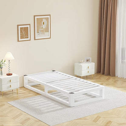 10 Inch Twin Bed Frames with Rounded Corner and Squeak Free U-Slot Design, Metal Platform Bed Frames 6 Non-Slip Guards, 3500lbs Heavy Duty Steel Slat Support, No Box Spring Needed, White