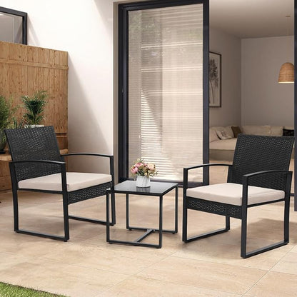 Murago 3 Piece Wicker Patio Bistro Set, Rattan Conversation Set with Coffee Table, for Balcony, Porch, Garden, Yard, Poolside, Black Frame with Beige Cushion