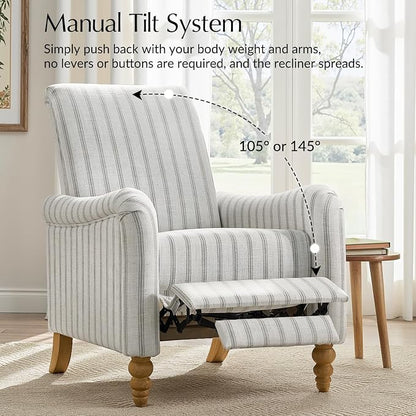 HULALA HOME Farmhouse Recliner Chair with Solid Wood Spindle Legs, Striped Push Back Recliner Armchair with Adjustable Backrest & Footrest, Comfy High Back Lazyboy Single Sofa for Living Room, Grey
