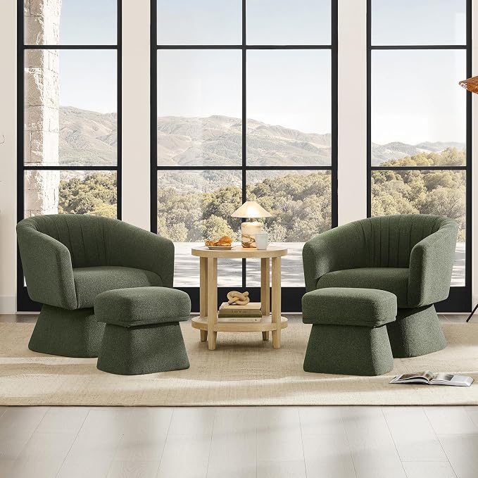 Zerel's Home Swivel Accent Chair with Ottoman, Upholstered Barrel Accent Chair, Modern Accent Chair with Pleated Backrest and Arms, Boucle Armchair for Living Room Bedroom, Set of 2, Green
