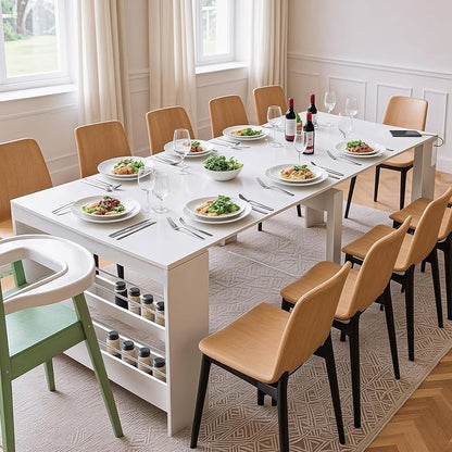 118.2" Modern Extendable Dining Table for 2 to 12 People with Outlet, Space Saving Expanding Table with Storage for Party, Weddings, Meetings, Celebrations (White)