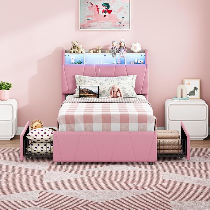 LIKIMIO Twin Bed Frame with 2 Storage Drawers, Charging Station & LED Lights, Upholstered Platform Twin Bed with Storage Headboard, Strong Wooden Slats, No Box Spring Needed, Easy Assembly, Pink