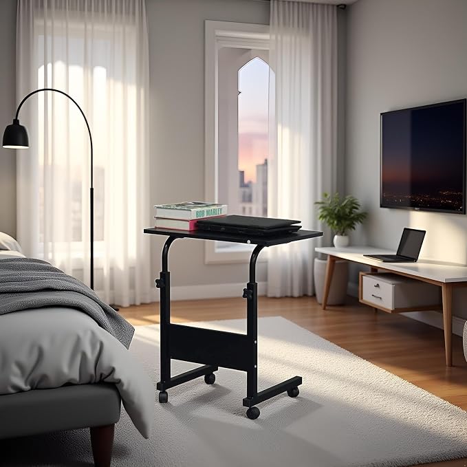 TV Tray Bed Side Table, Portable Rolling Desk Hospital Bed Laptop Table, Small Standing Desk with Wheels Adjustable Height for Sofa, Bedside, Tablet Use, Secure Non Tilt, 23.6" W, Black
