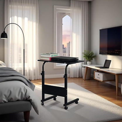 TV Tray Bed Side Table, Portable Rolling Desk Hospital Bed Laptop Table, Small Standing Desk with Wheels Adjustable Height for Sofa, Bedside, Tablet Use, Secure Non Tilt, 23.6" W, Black