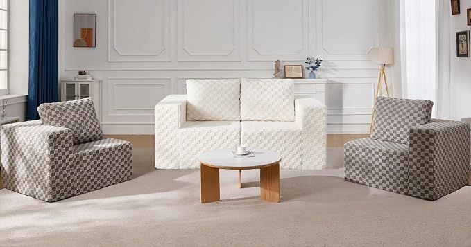 Modular Sectional Sofa 2 Seater Loveseat Modular Couch with Deep Seat Memory Foam Cloud Chair with Pillows Oversized Sectional Sofa for Living Room Bedroom (Plush White, Loveseat)
