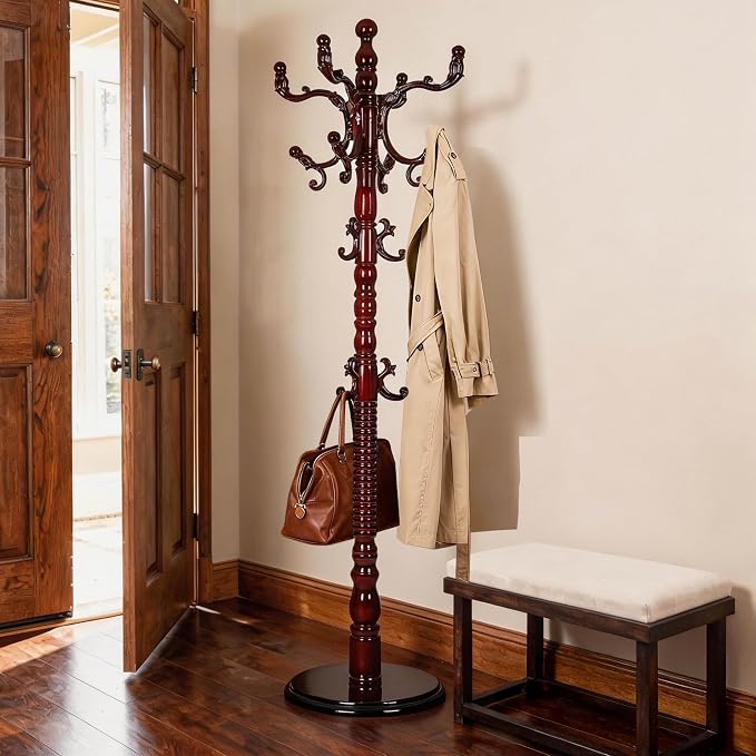 Wooden Coat Rack Freestanding with 18 Hooks, Adjustable Height Coat Tree Free Standing Heavy Duty for Entryway, Easy Assembly Solid Wood Sturdy Coat Hats Hanger Stand for Office Hallway Bedroom