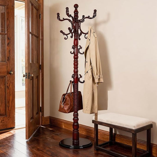 Wooden Coat Rack Freestanding with 18 Hooks, Adjustable Height Coat Tree Free Standing Heavy Duty for Entryway, Easy Assembly Solid Wood Sturdy Coat Hats Hanger Stand for Office Hallway Bedroom